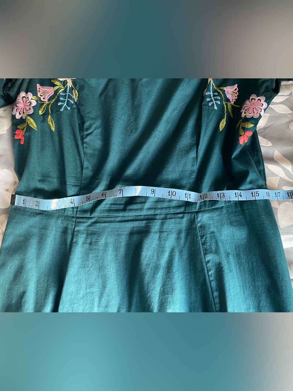 eshakti Teal Green Embroidered Midi Dress with Puff Sleeves - Picture 7 of 8
